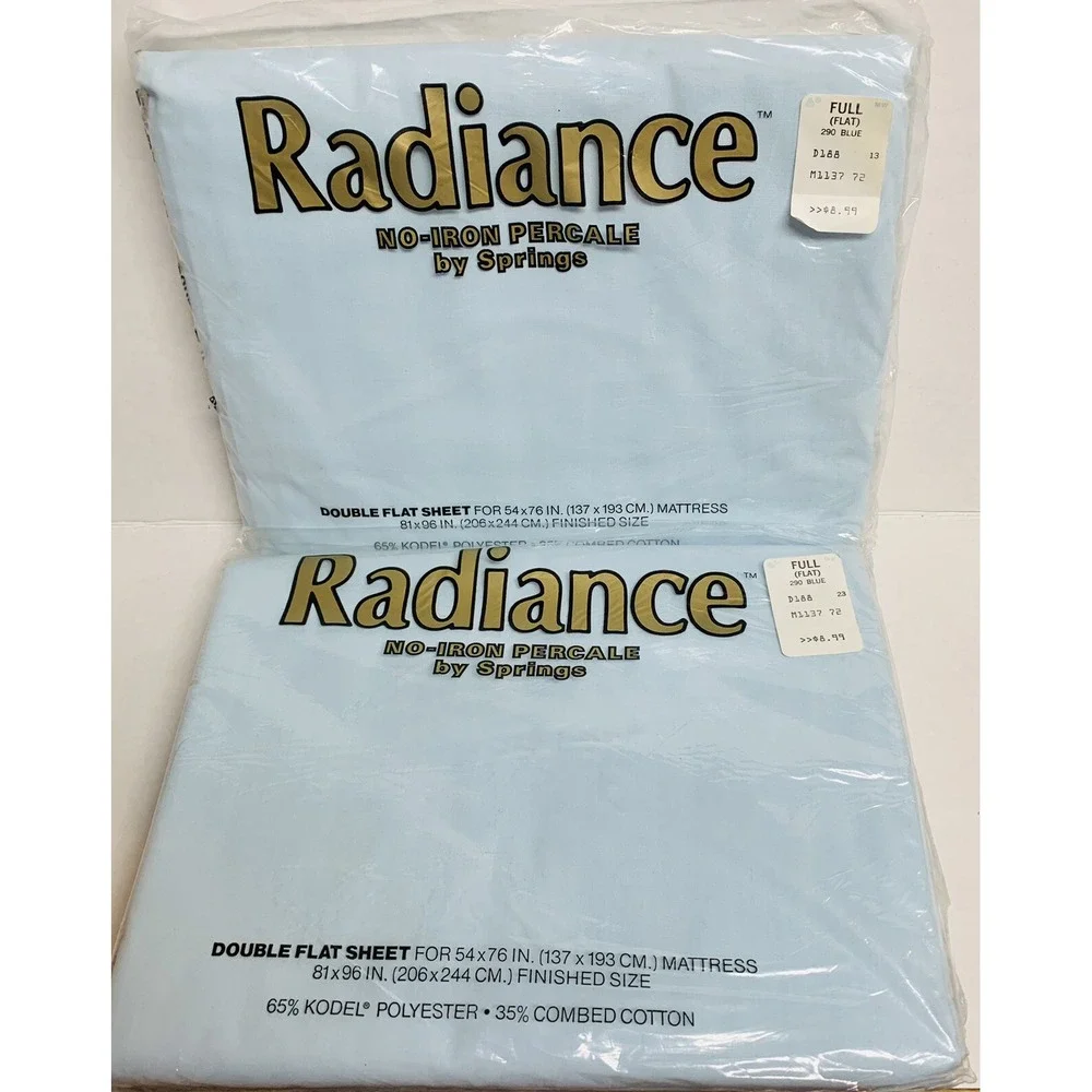 Vintage Radiance by Springs No Iron Percale 2 Full Flat Sheets Soft Blue NOS NEW